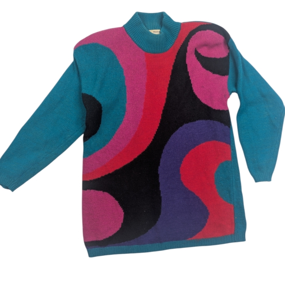 Vintage Jeremy Scott Teal and Pink Swirl Turtleneck Sweater Silk And Angora